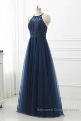 Navy Blue Tulle With Lace Applique Long Party Dress Semi Formal Prom Dress Sleeveless Elegant